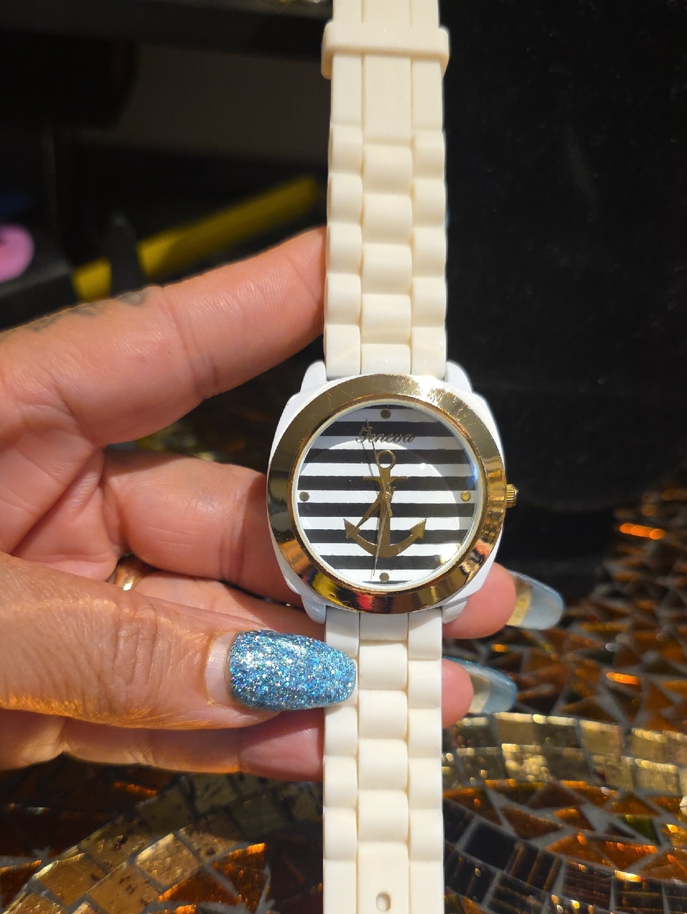 Geneva White Silicone Watch with Gold Anchor and Black-White Striped Dial